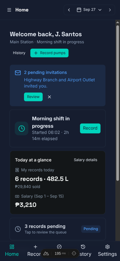 Attendant home on a phone — shift status and salary glance