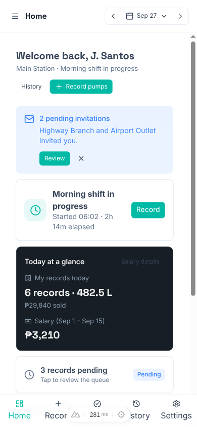 Attendant home on a phone — shift status and salary glance