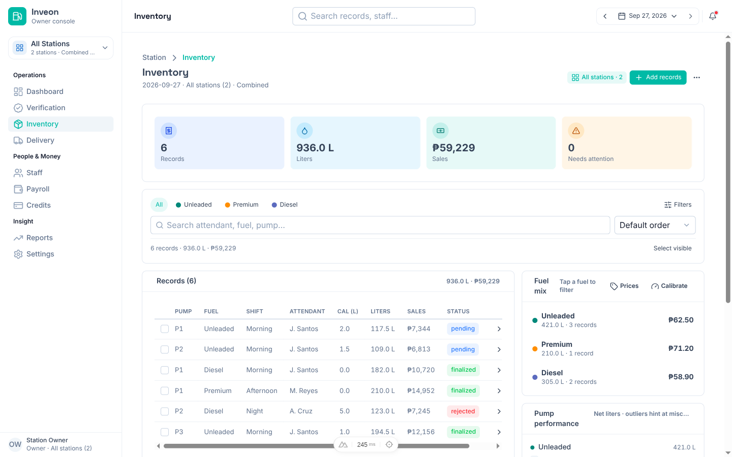 Inventory records with filters and per-fuel totals