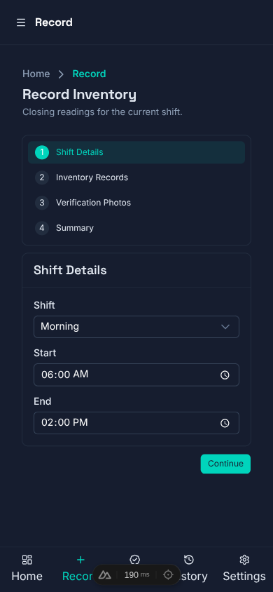 Attendant record flow on a phone — shift details step