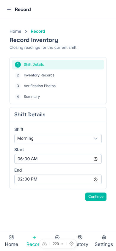 Attendant record flow on a phone — shift details step